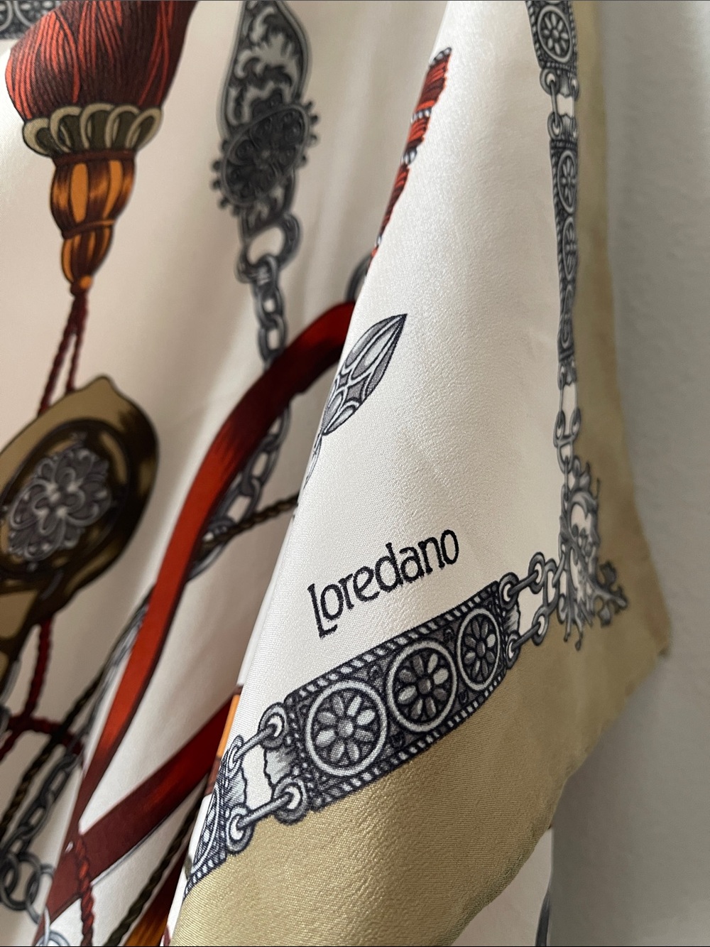 Vintage Silk-Feel Tassel & Tack Print Scarf - Ivory, Rust, Olive - Picture 2 of 7